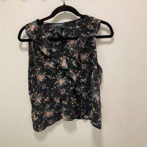 Lauren Ralph Lauren Silk Top Size 16 Black With Pink Roses Ruffled Front